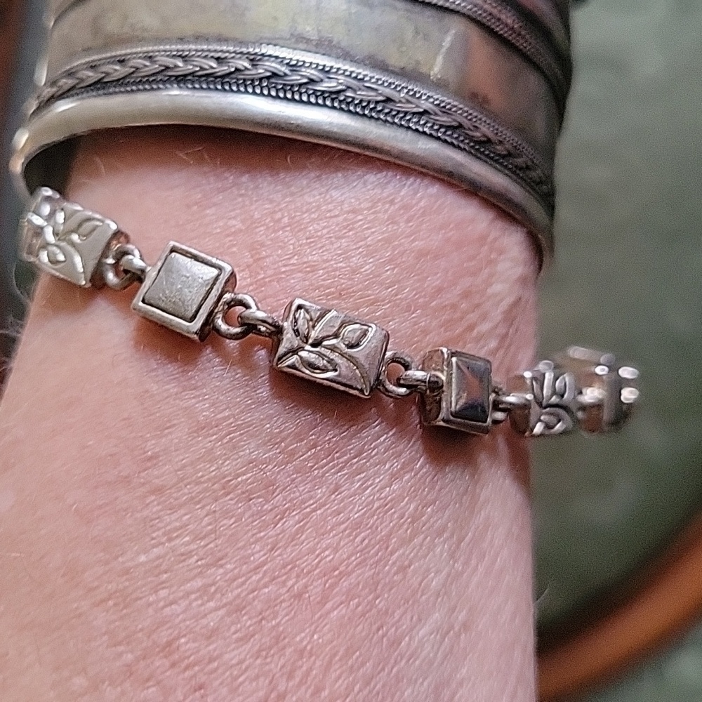 Silver Engraved Leaf Pattern Rectangle Square Lin… - image 8